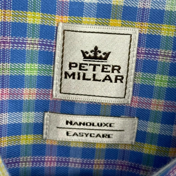Peter Millar Shirt Men's M Blue Plaid Nanolux Easy Care Button Down Long Sleeves - Picture 6 of 8